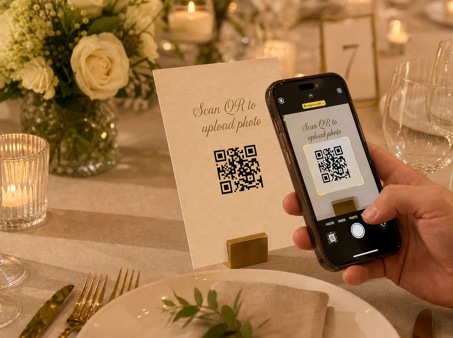 Guests scanning a QR code to share event photos