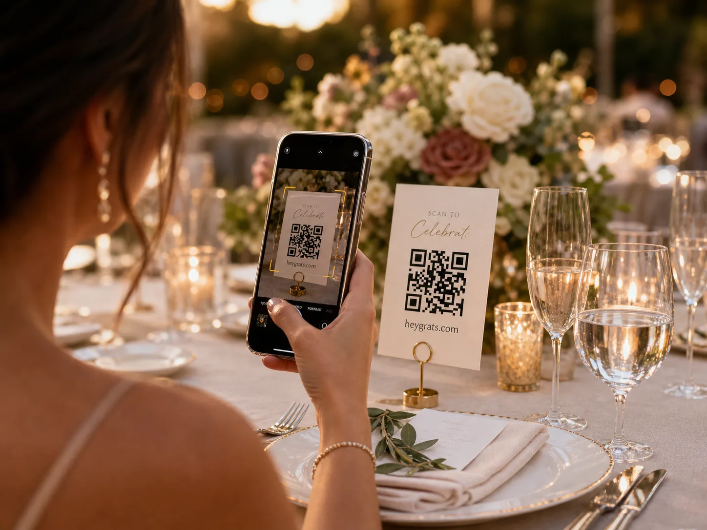 Tamu pernikahan memindai QR code untuk mengirim foto